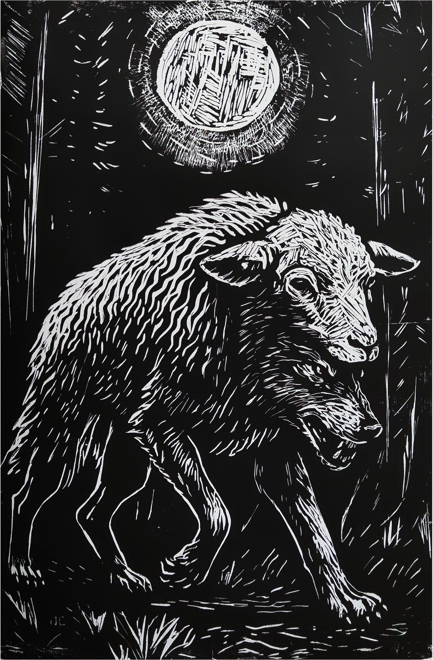 Wilk w owczej skórze 70 × 100 cm (B1) — linoryt