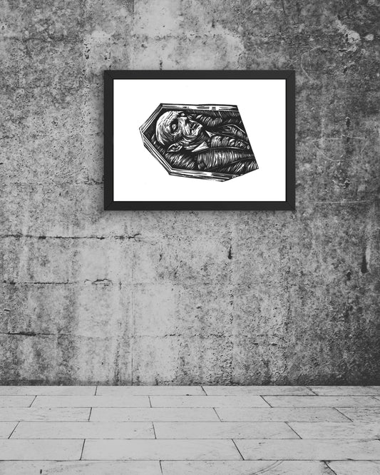 Wampir w trumnie — linoryt A3 - autorski egzemplarz