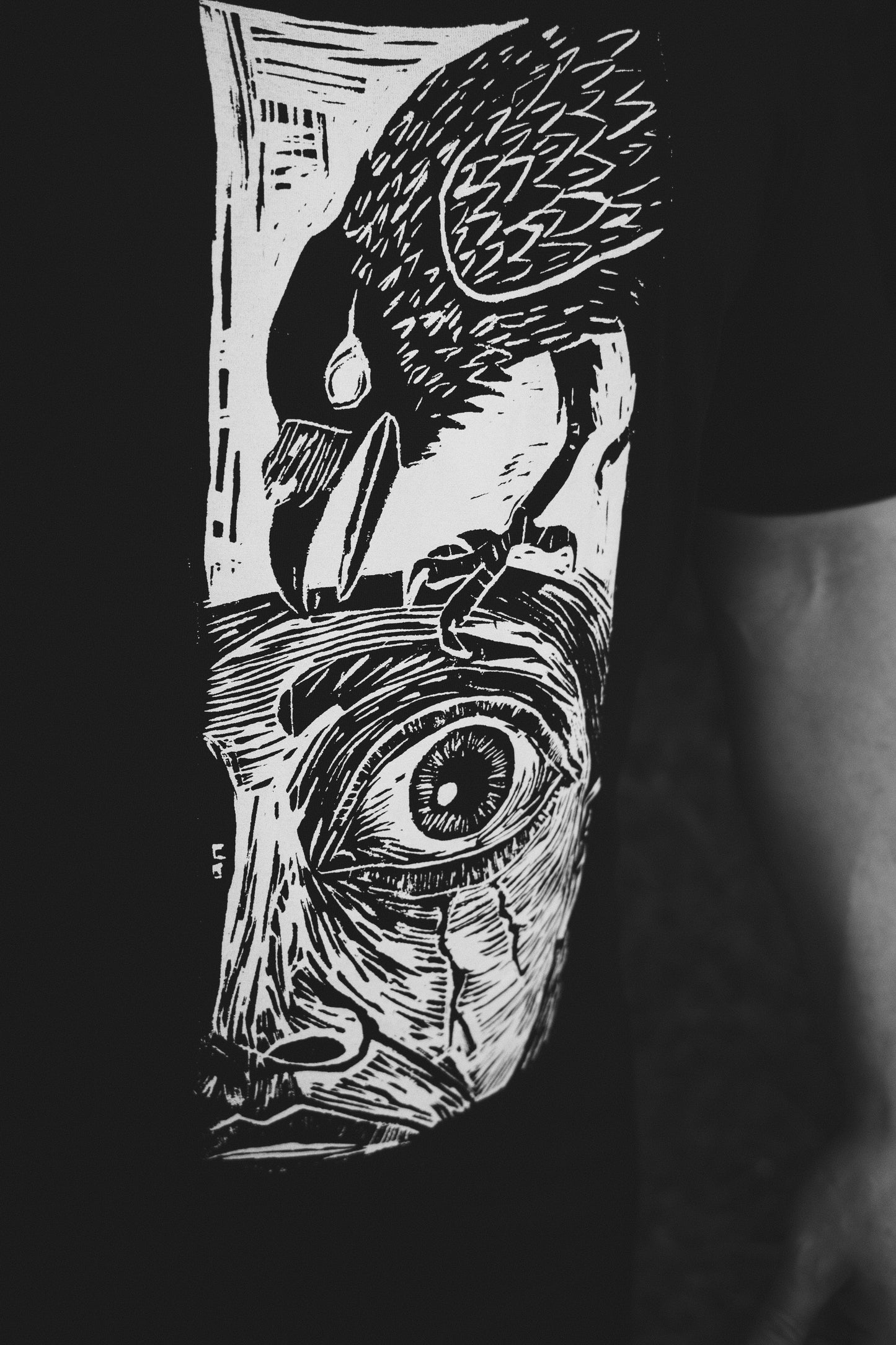 Kobieta i Kruk — T-shirt z autorskim linorytem Ociętego (Unisex)